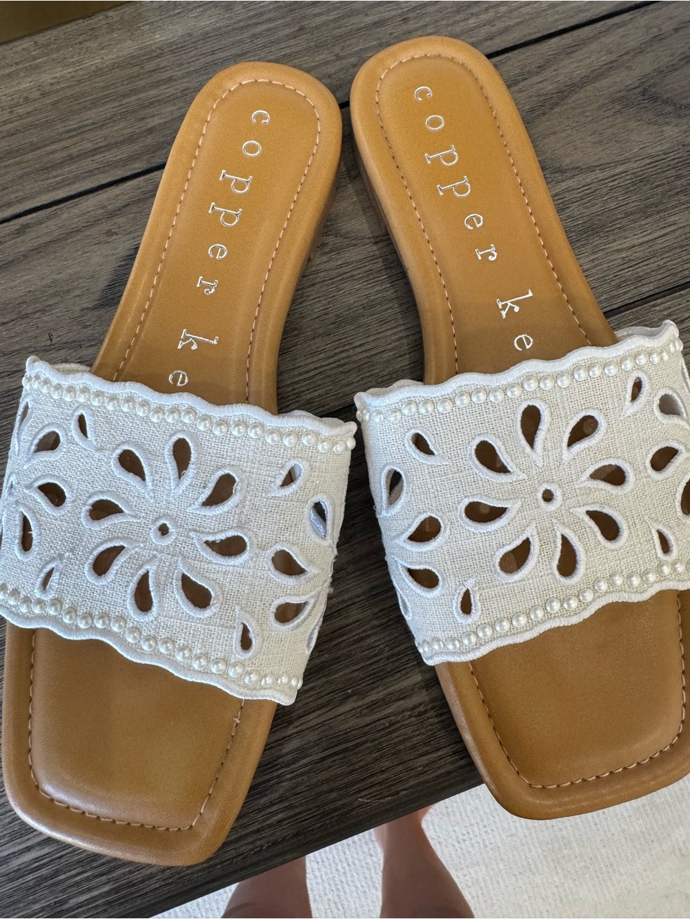 Copper Key White Embroidered Pearl-Trim Slide Sandals